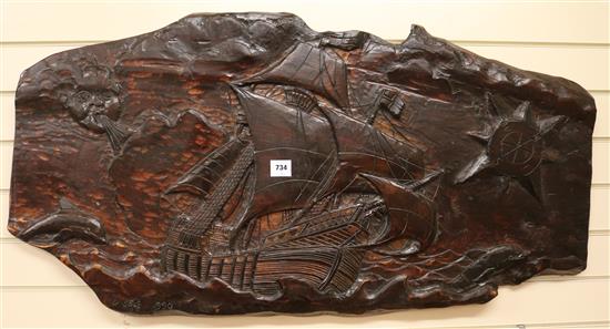 A carved ship at sea plaque by G. Self, 1990 W.119cm
